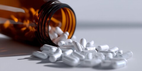 Medicine pills spilling from a brown bottle