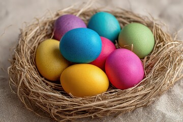 Obraz premium Colorful Easter eggs arranged in a straw nest.