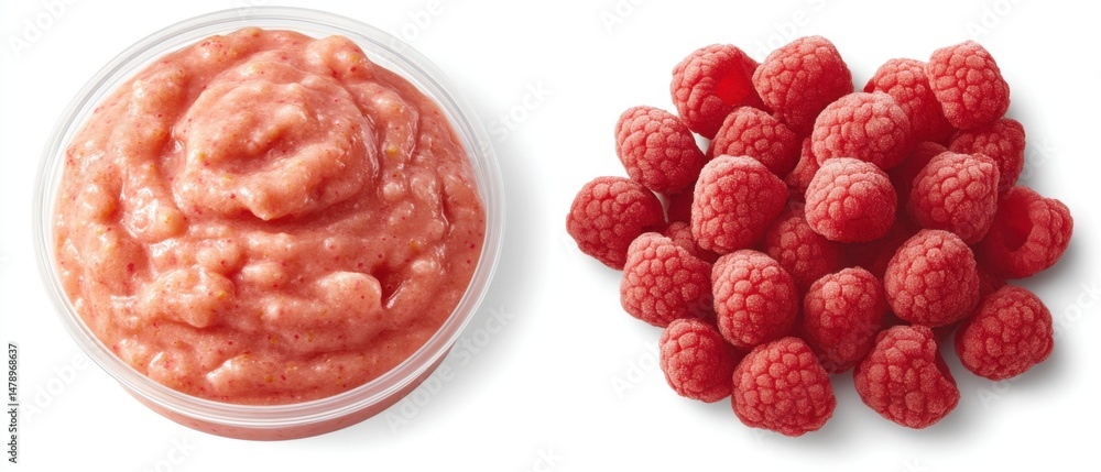 Aufkleber raspberry smoothie in container with fresh raspberries on white background studio shot still life to
