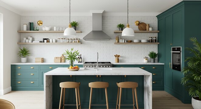 This photograph captures a stylish kitchen with teal cabinets, a prominent white marble island with wooden seating, modern pendant lighting, open shelves displaying items, and large indoor plants