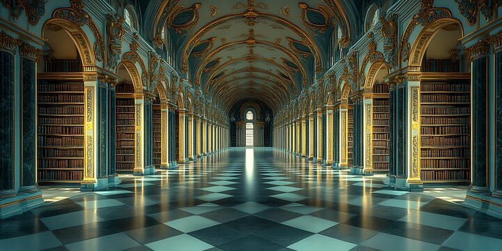 Grand library with ornate architecture
