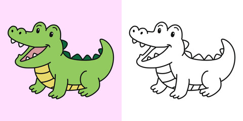 Cute crocodile cartoon character coloring page vector illustration