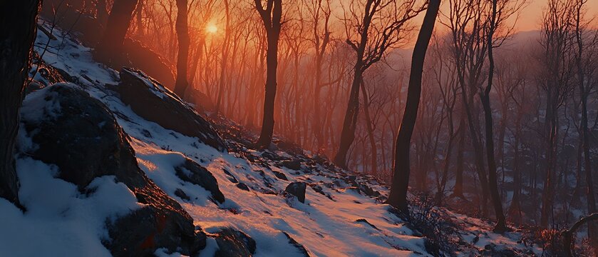 Snowy forest at sunset