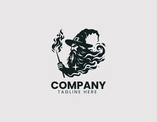 Fototapeta premium Powerful Wizard Silhouette Long Beard Pointed Hat Staff Vector Logo Design, Strong Sorcerer Silhouette Long Beard Pointed Hat Staff Vector Logo, Mystical Wizard Silhouette Long Beard Pointed Hat Staff