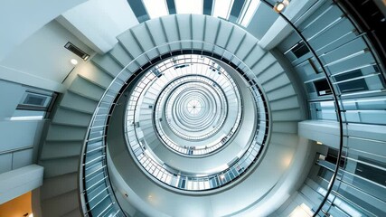 Top view of white spiral staircase creating hypnotic geometric pattern with strong symmetry and soft light. Concept of modern architecture and abstract perspective - Powered by Adobe