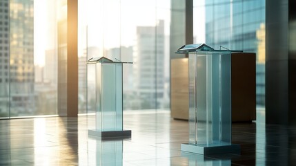 Obraz premium Two glass podiums in modern office with city view.