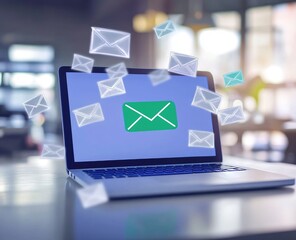 Laptop displaying email icon, surrounded by flying envelopes