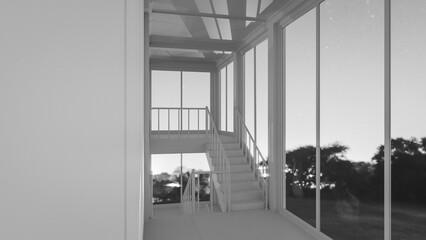 Staircase in a building with large windows. The light is coming through from the windows. Premium photo 3d render.
