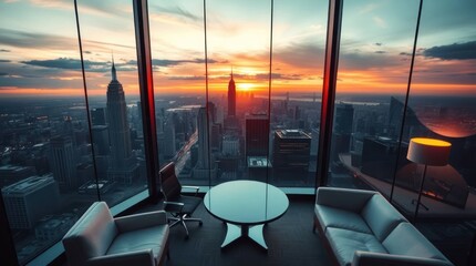 Cityscape sunset office Elevated meeting space