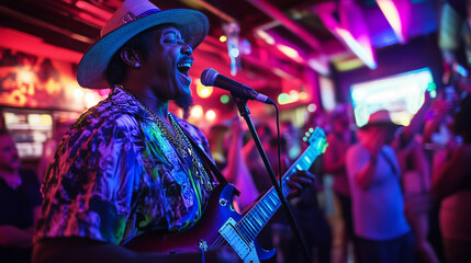 The International Blues Challenge explodes with color and sound, as an electric blues band ignites a stage set against the historic blues clubs of Memphis