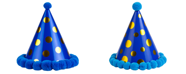  Festive Blue Party Hat with Gold Polka Dots and Pompoms, PNG