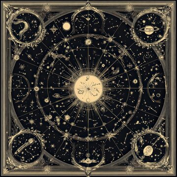 Celestial Map with Planets, Stars, and Cosmic Symbols Illustration
