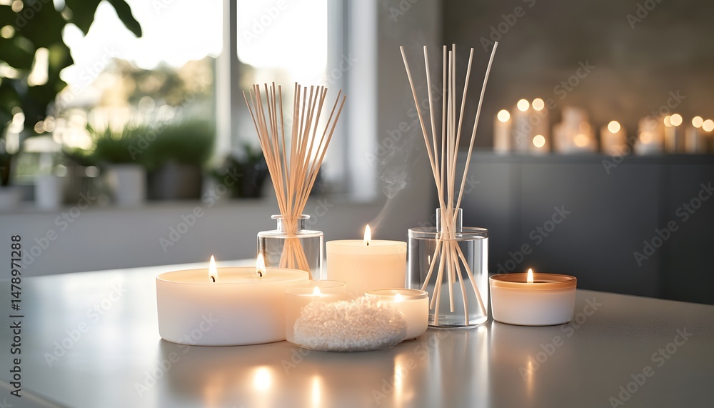 Poster A collection of decorative candles and reed diffusers on a table.