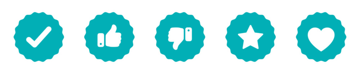 Set of blue badge icons featuring a check mark, thumbs up, star, and heart symbol. Ideal for app UI, web design, badges, and digital reward systems.