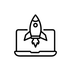 Rocket Launch from Laptop Icon – Startup Concept Line Art Symbol