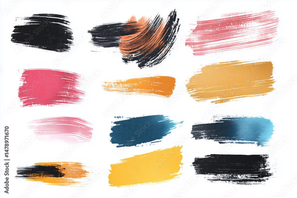 Poster set of paintbrush strokes in various colors and sizes. the brush strokes are arranged in a grid, wit