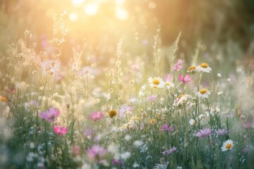 Obraz premium Summer wildflower meadow sunlight flowers nature.