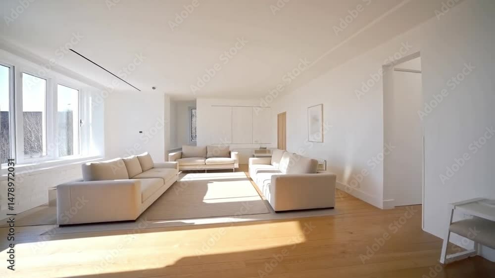 Aufkleber A spacious living room features large windows that allow natural light to flood the area, highlighting the clean lines and minimalistic furniture. Soft colors create a serene atmosphere.