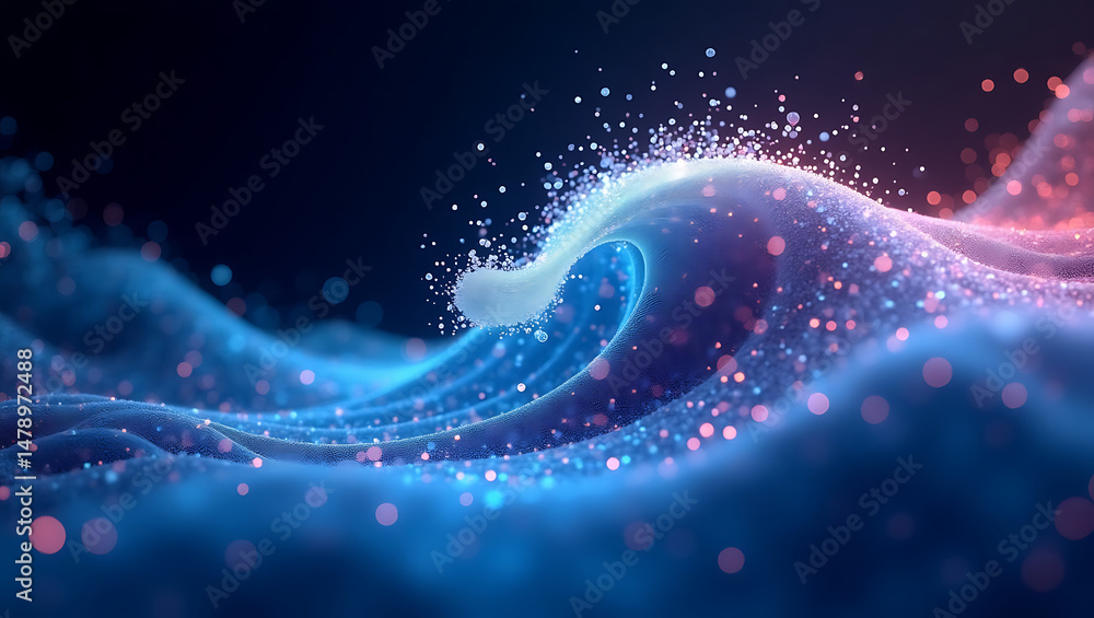 Poster abstract digital wave of light particles forming a glowing digital structure