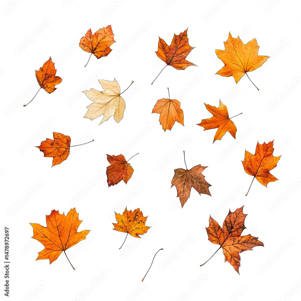 Poster a flat lay arrangement of colorful autumn leaves on a transparent background the leaves are in vario