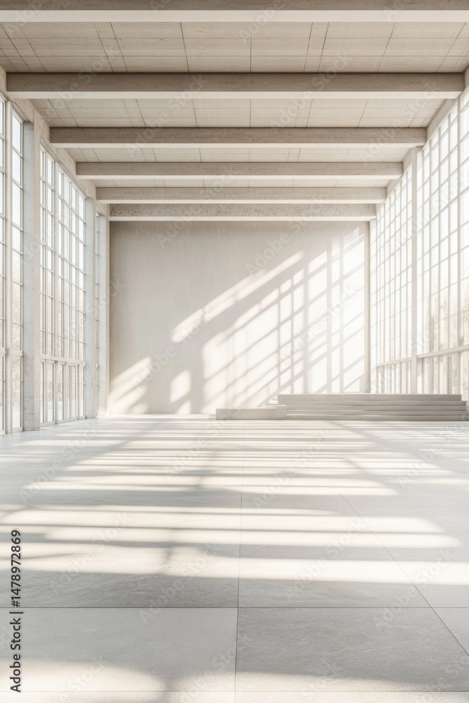 Poster empty modern hall with concrete architecture and sunlight streaming through large windows, minimalis