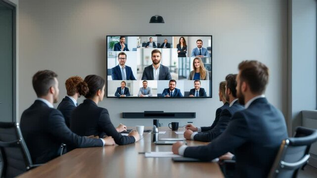 Business team attending video conference meeting with multiple participants on large screen in office boardroom. Concept of remote work and corporate communication