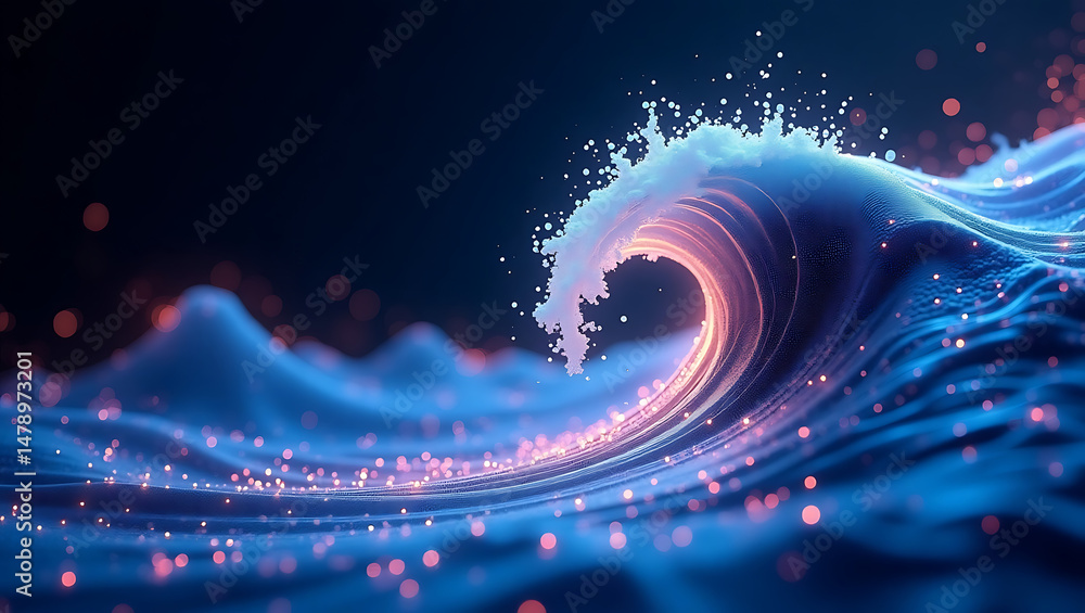 Poster dynamic abstract wave design with glowing particles and deep blue aesthetic background