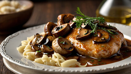 Delicious Chicken Marsala with Mushrooms and Pasta on a Plate Ready to Serve