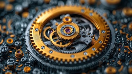Obraz premium Intricate Mechanics: A Close-Up of a Golden Gear System