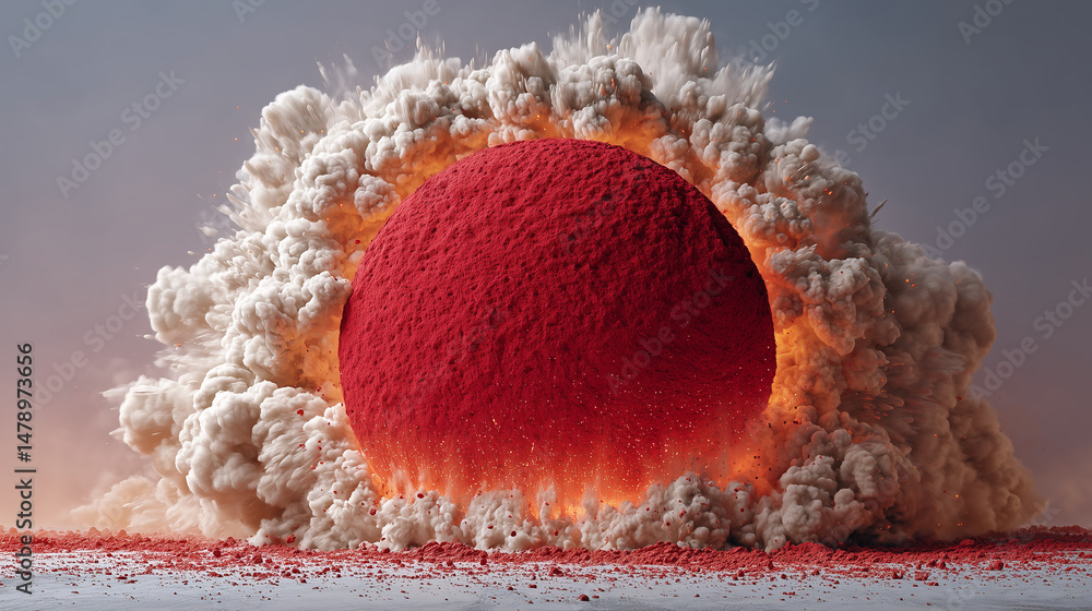 Poster red sphere explosion: a vibrant red sphere explodes amidst a cloud of white smoke and fire, creating