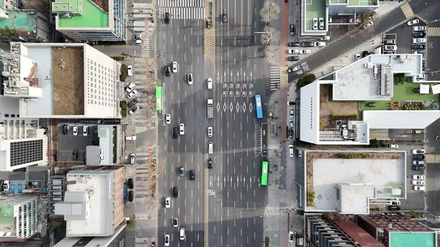 Top-down aerial view of a straight intersection and bus lanes in Gangnam, Seoul

