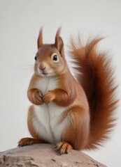 Obraz premium Red squirrel sitting, alert expression, pure white backdrop , wildlife photography, sciurus vulgaris, mammal