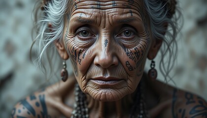 Ancient Wisdom: A Portrait of an Elderly Woman with Intricate Tribal Tattoos