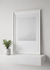 Minimalist photo frame display mockup; assorted frame styles, clean white wall,  frame collection,  home