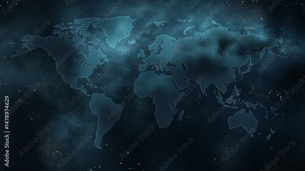 Poster glowing world map in dark space background.