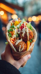 Delicious falafel wrap with fresh vegetables and tahini drizzle in hand
