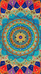 Fototapeta premium Intricate Mandala Pattern – Vibrant Jewel Tones with Gold Accents in Symmetrical Design