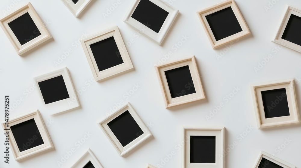 Poster scattered empty picture frames on white background, top view.