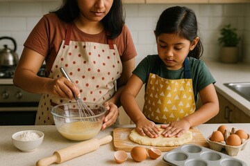 Mother and daughter baking together.