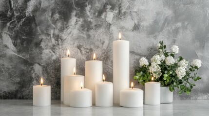 Serene Still Life of White Candles and Flowers Against Textured Gray Background Studio Shot