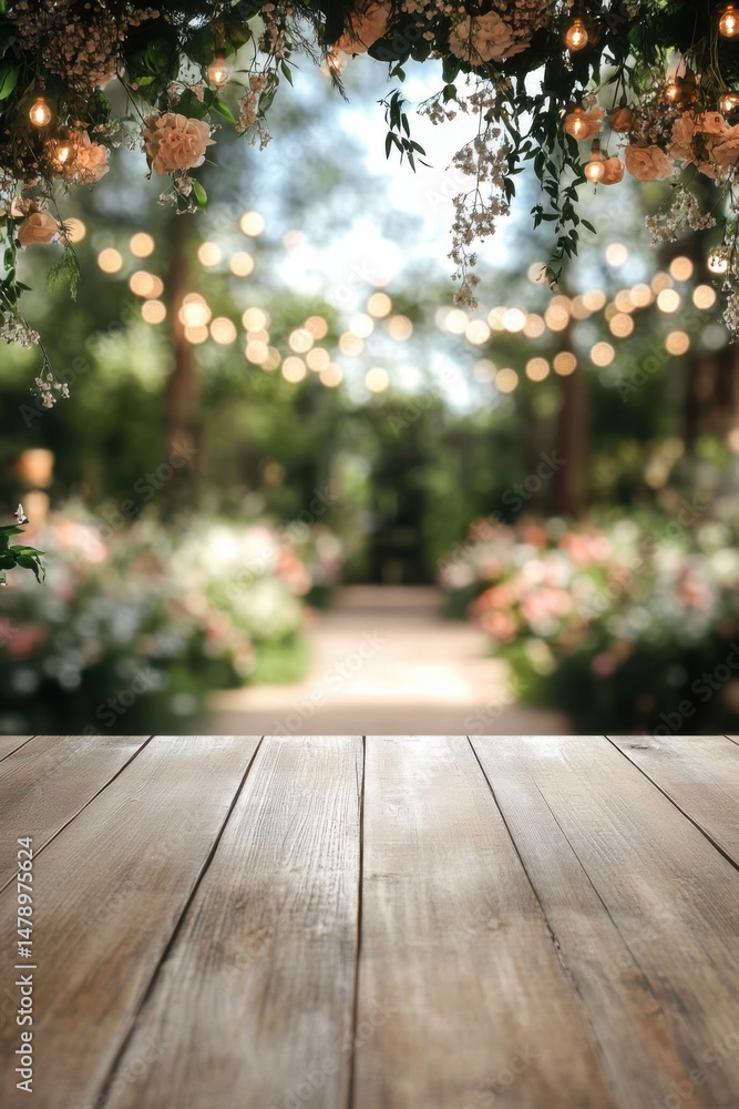 Poster rustic wood table surface with blurred garden wedding aisle background and floral archway with strin