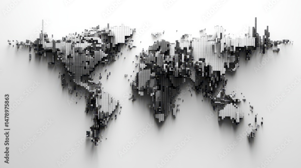 Poster Abstract 3D grayscale world map model.