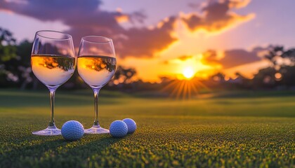 Two wineglasses on a golf course at sunset.
