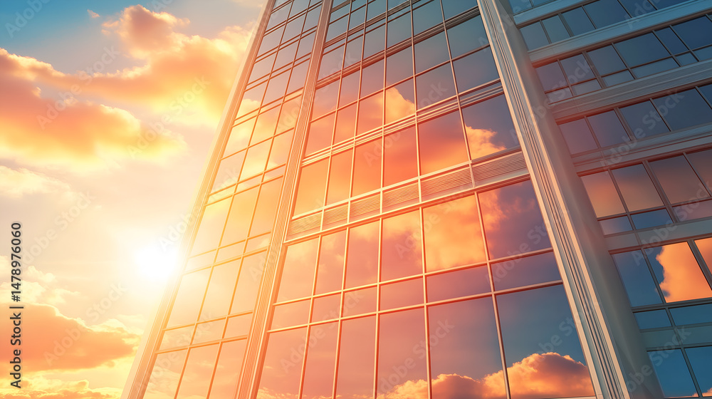Poster modern architecture skyscraper in a golden hour reflecting the sky and sun, creating a beautiful vis