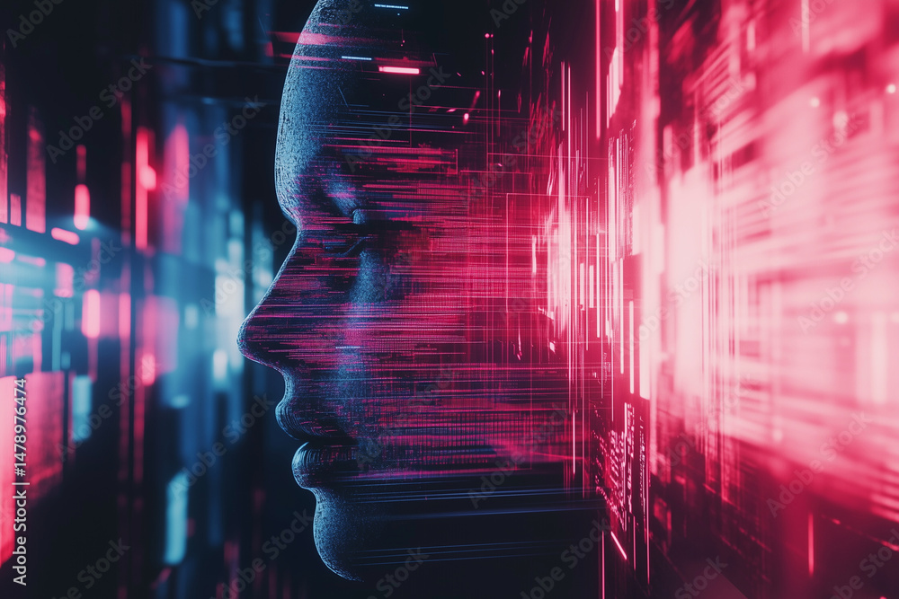Aufkleber computer generated face with a red and blue background. the face is surrounded by a lot of lines and