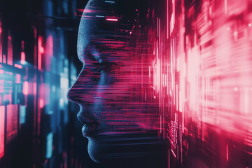 Obraz premium computer generated face with a red and blue background. The face is surrounded by a lot of lines and dots, giving it a futuristic and artificial appearance