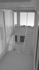 Staircase in a building with large windows. The light is coming through from the windows. Premium photo 3d render.