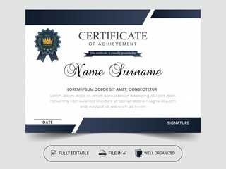 Elegant Certificate of Achievement Template with Blue and Gold Accents Certificate Templet Layout Design