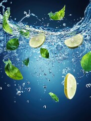 Fresh lemon slices and green leaves falling into splashing water in a studio shot for a refreshing summer drink concept