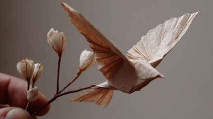 Intricate origami bird with delicate flowers captured in gentle light